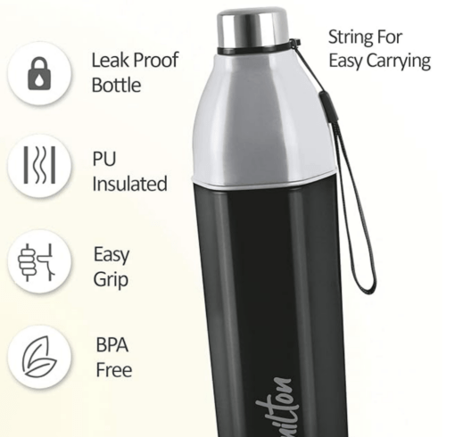 Milton Kool Hexone 900 Insulated Water Bottle, 720 ml, Black | Leak Proof | Easy Grip | BPA Free | Easy to Carry | Odourless - Image 2